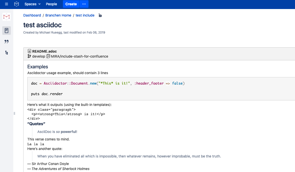 AsciiDoc support for Include Bitbucket for Confluence